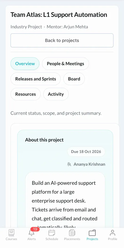A student's phone: the Team Atlas Industry Project, with its mentor, sprints, board and resources.