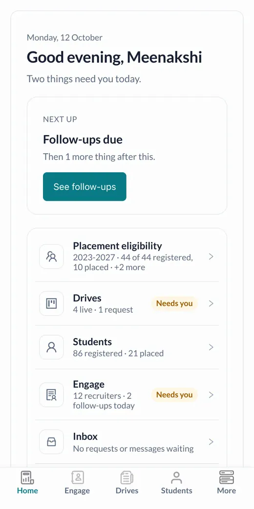 The placement cell's phone: follow-ups due, placement eligibility, live drives, students registered and placed, and recruiter engagement.