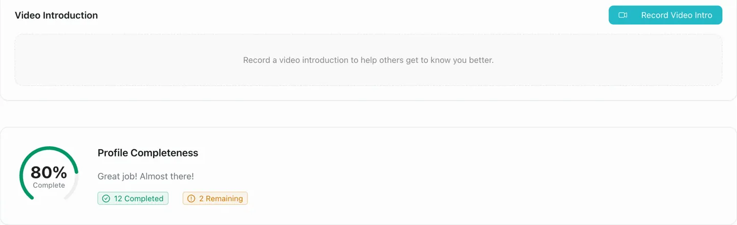 A student's profile in 42 LMS: a video introduction to record, and profile completeness at 80%, with 12 parts completed and 2 remaining.