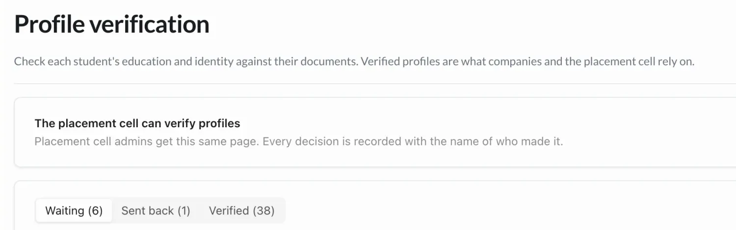 Profile verification in 42 LMS: check each student's education and identity against their documents. Verified profiles are what companies and the placement cell rely on.