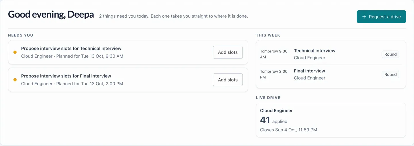 A recruiter's home in 42 LMS: two things need you today, propose interview slots for the technical and final interviews, this week's rounds and the live drive with 41 applications.